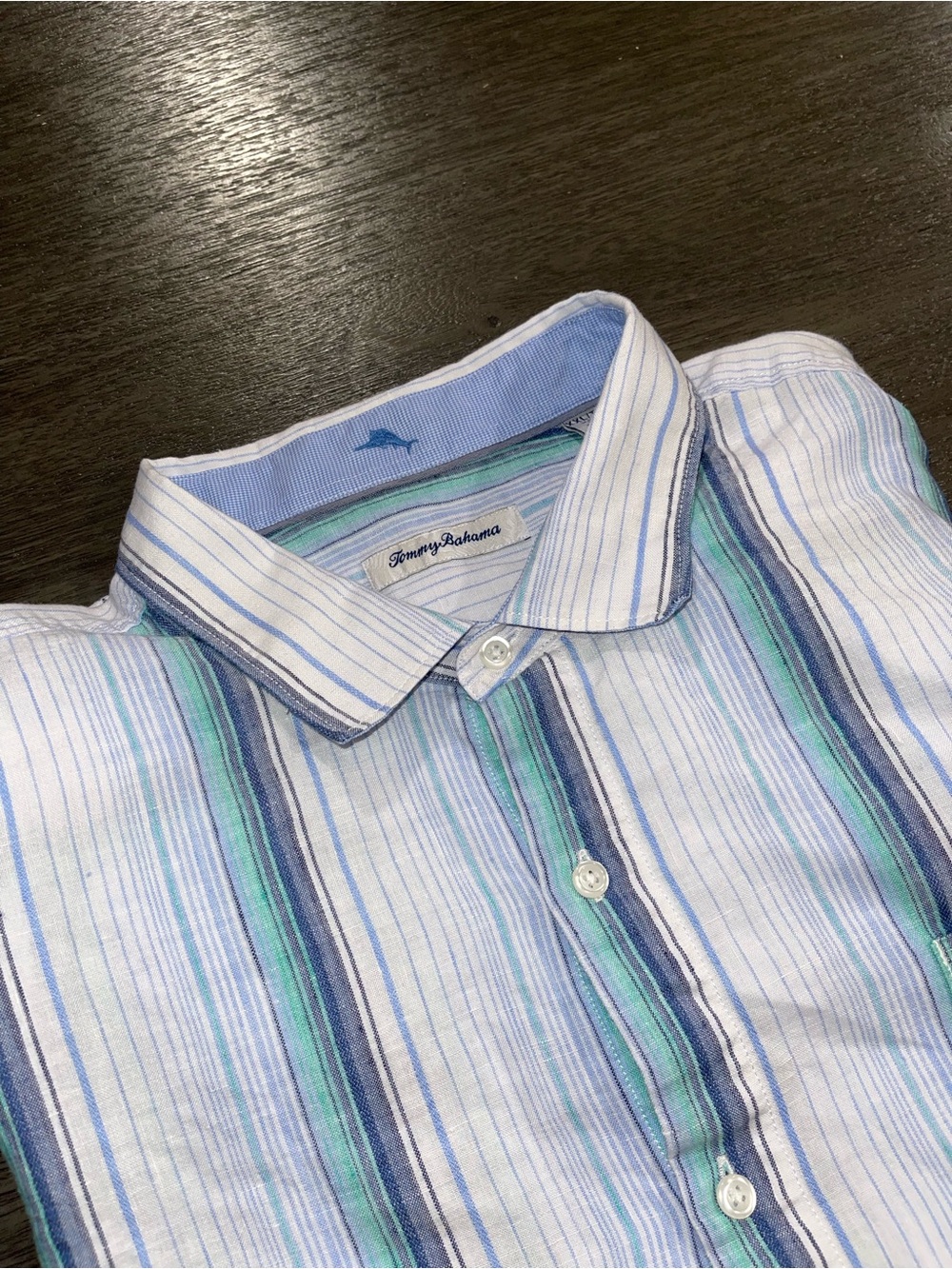 Tommy Bahama Men’s 2XL Blue and Green Stripes Linen Poly Blend Button Up Shirt